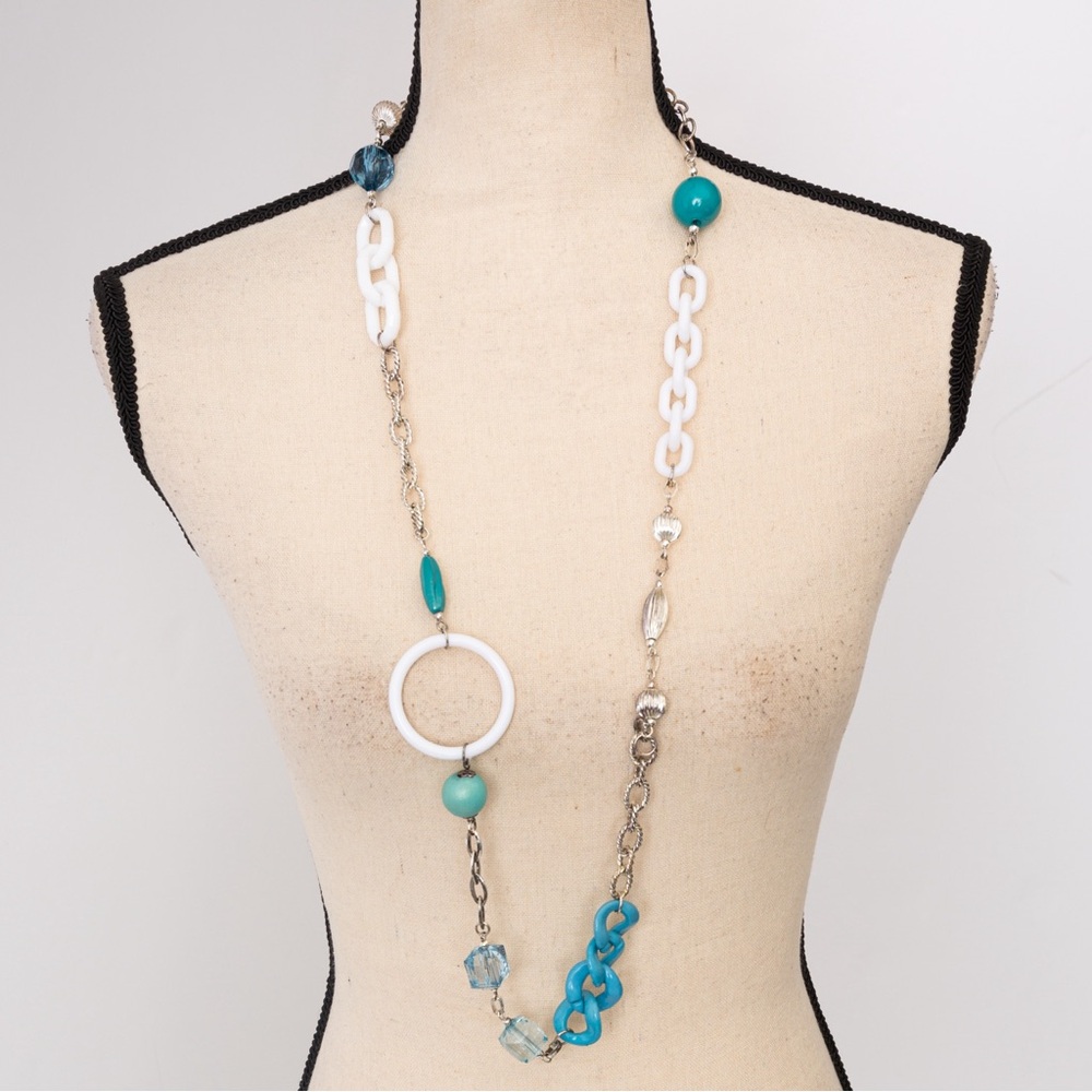 Longer length boho chic necklace various link styles & beads blue, white, silver